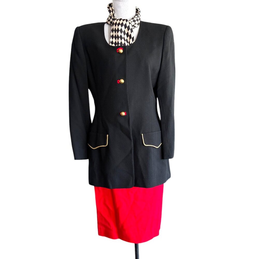 BICCI Florine Wachter VNTG Black‎ Red Skirt/Blazer/Scarf Suit Gold Accents Sz 8